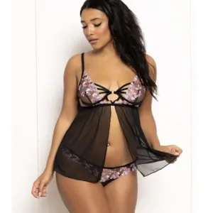 Multicolored Embroidered Floral Galloon Lace And Mesh Babydoll Set