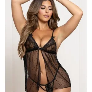 Two Piece Lace and Dot Mesh Babydoll Set
